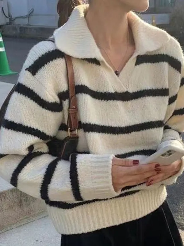 Lapel Contrast Striped Sweater