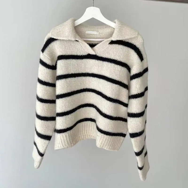 Lapel Contrast Striped Sweater