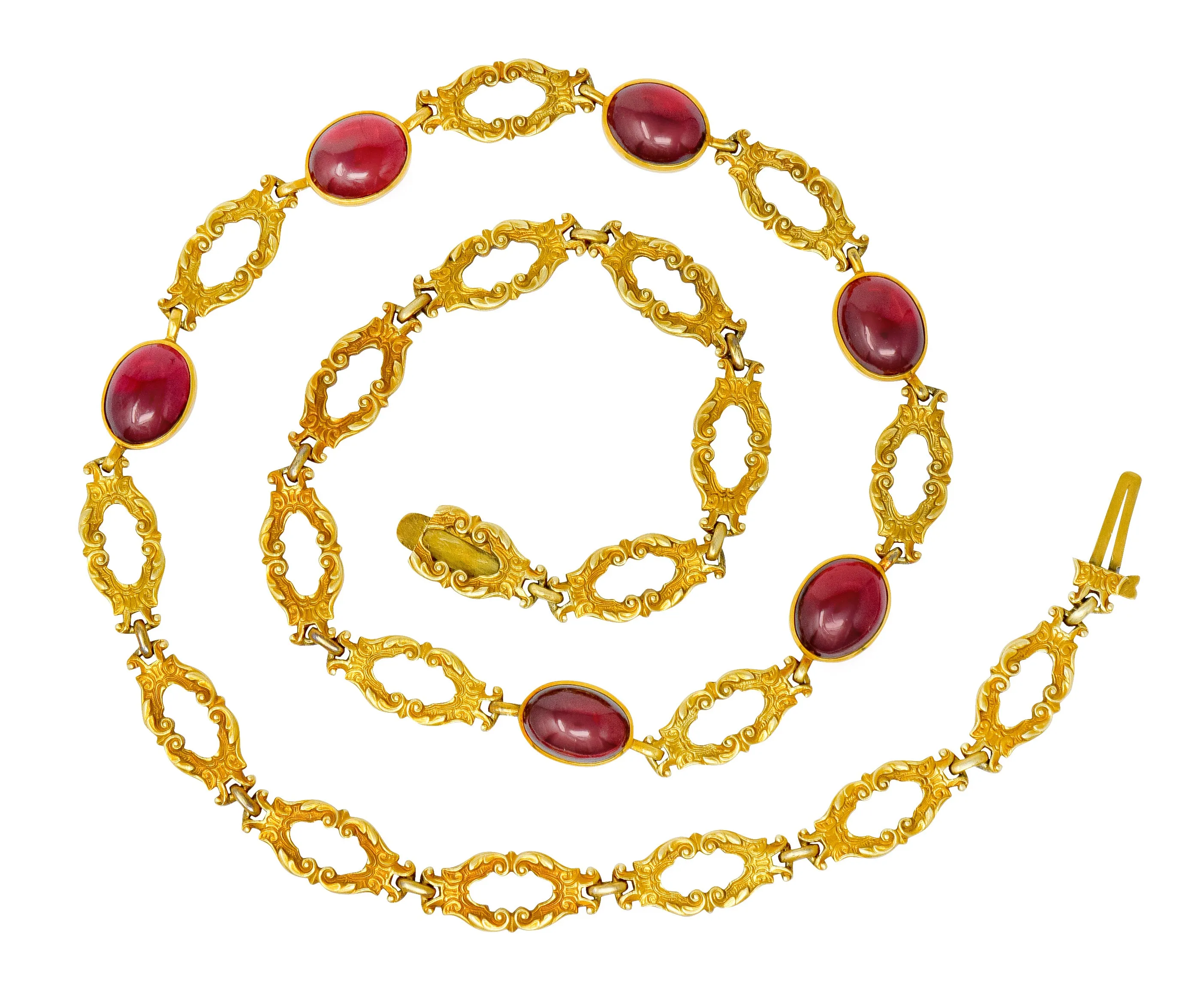 Late Victorian Rhodolite Garnet Cabochon 14 Karat Gold Scrolled Foliate Collar Necklace