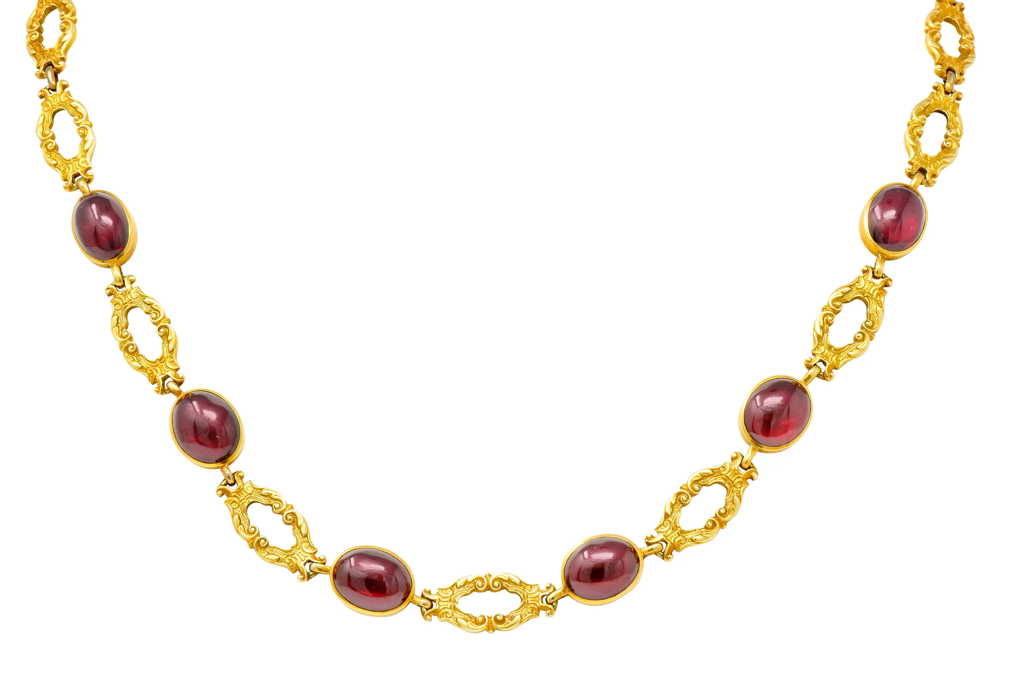 Late Victorian Rhodolite Garnet Cabochon 14 Karat Gold Scrolled Foliate Collar Necklace