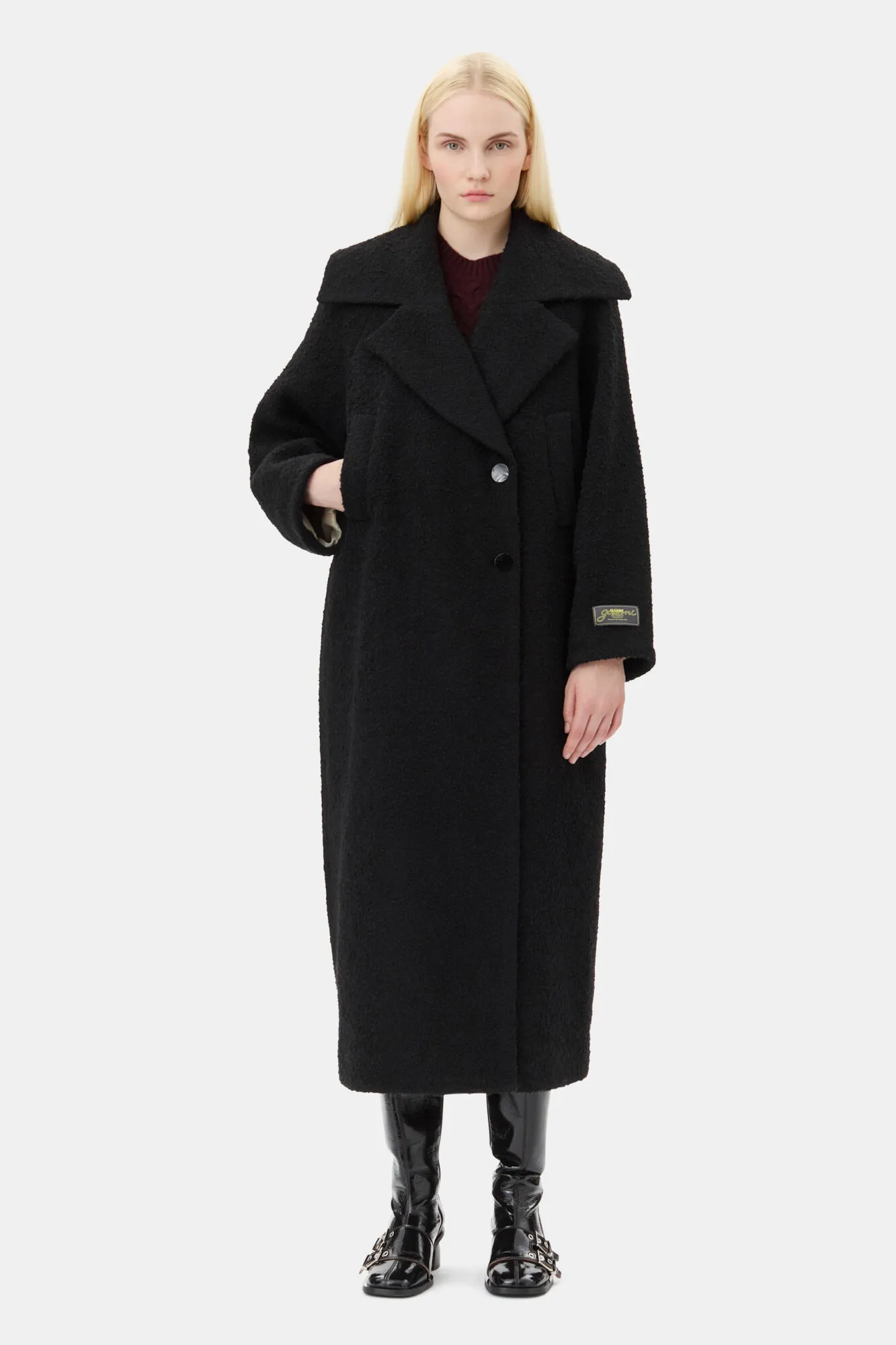 Long Black Boucle Wool Coat