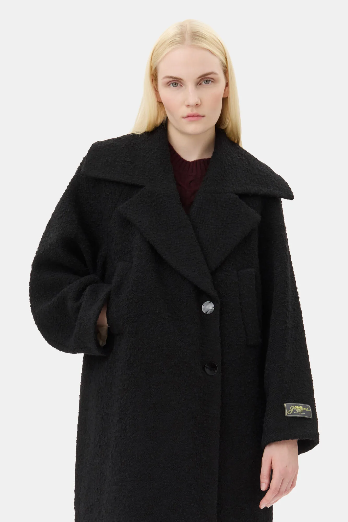 Long Black Boucle Wool Coat