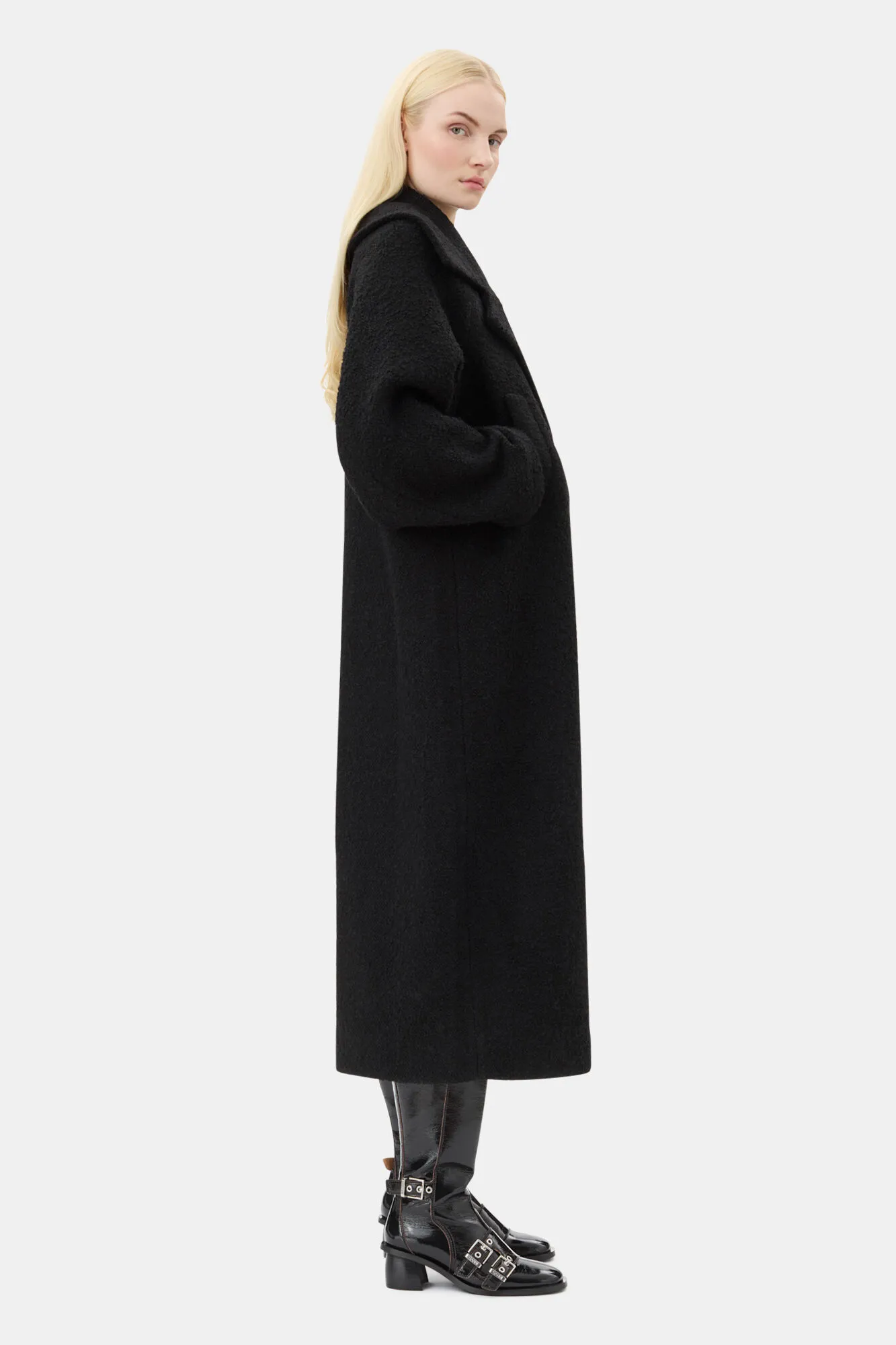 Long Black Boucle Wool Coat