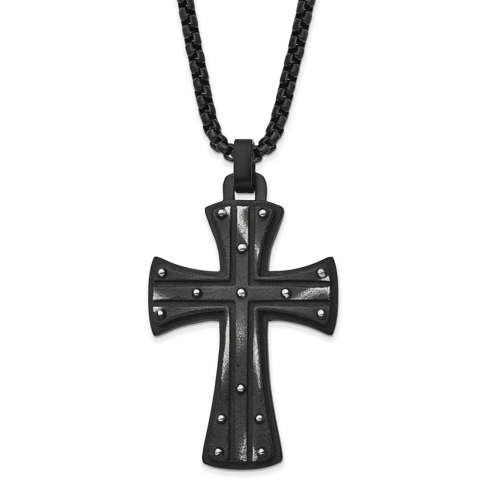 Men's Black Plated Stainless Steel Large Maltese Cross Necklace, 24 In