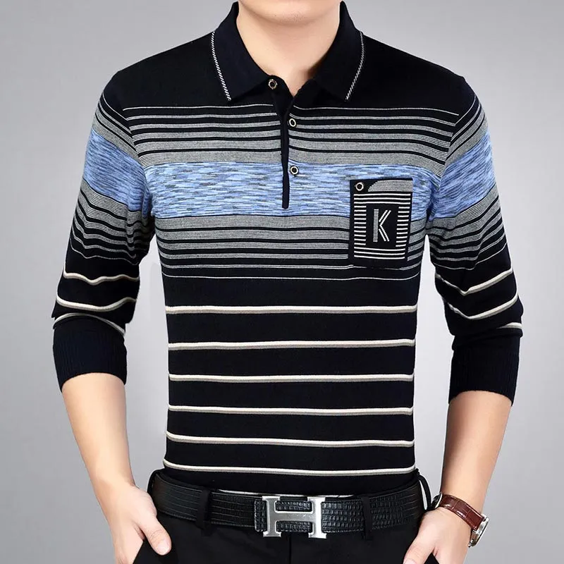 Men's Cotton Striped Pattern Casual Long Sleeve Polo Shirt with Pocket