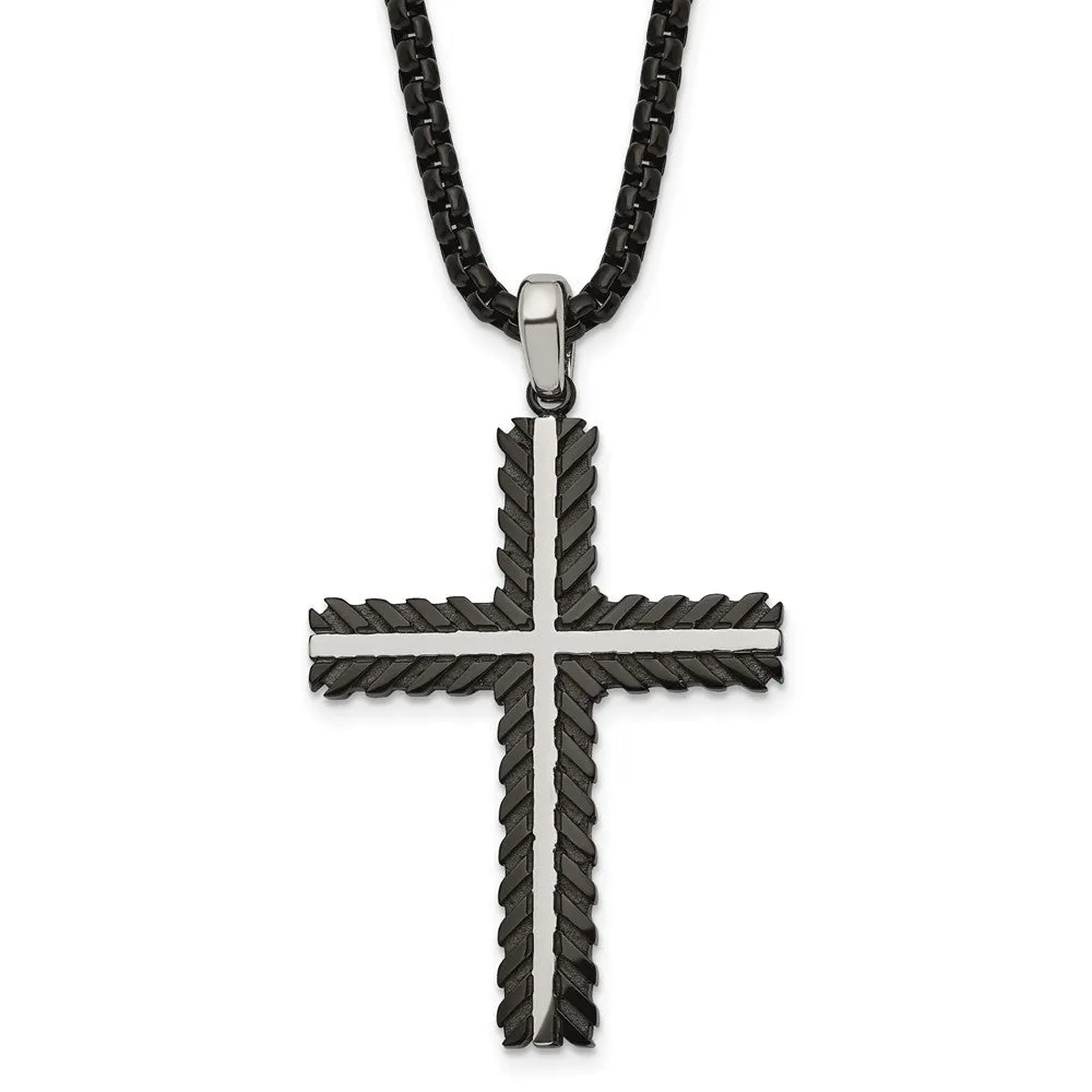 Men's Stainless Steel Polished & Black Plated Cross Necklace, 24 Inch