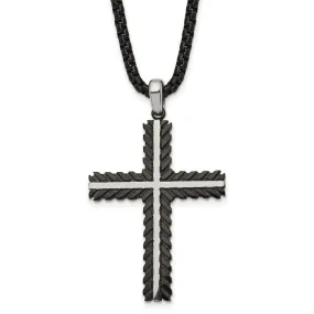 Men's Stainless Steel Polished & Black Plated Cross Necklace, 24 Inch