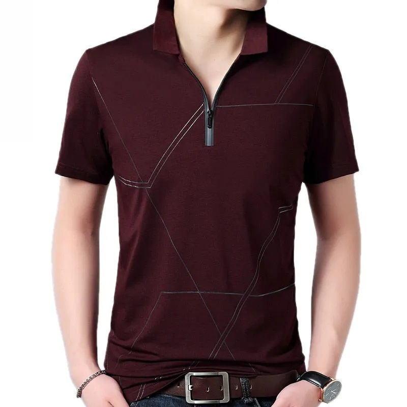 Men's Summer Casual Solid Zipper Pocket Short Sleeves Polo Shirt