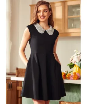 ModCloth Vinyl Vibes Jeweled Collar Fit & Flare Dress in Classic Noir