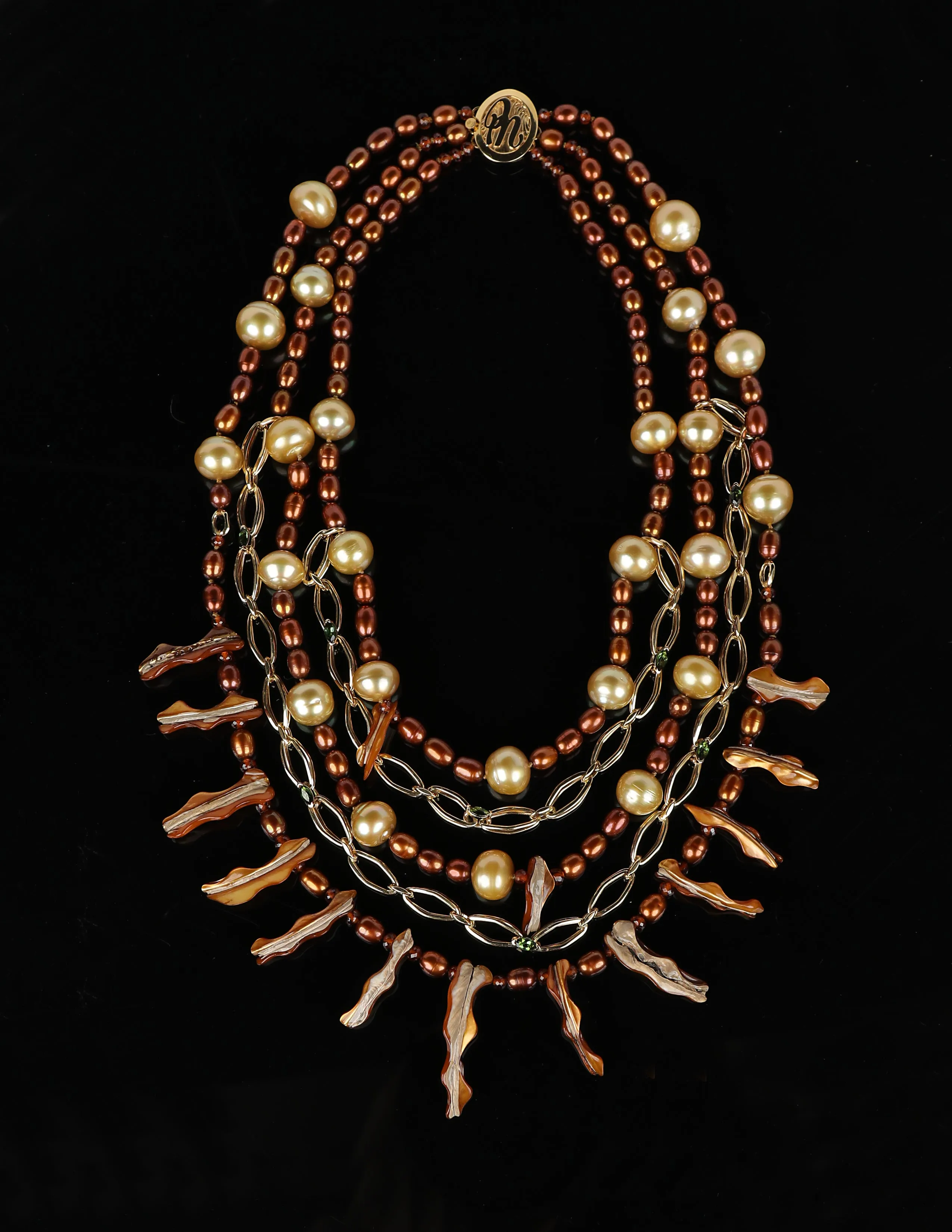 Pearl, Spessartite Garnet, Tourmaline, and Gold Bib Necklace