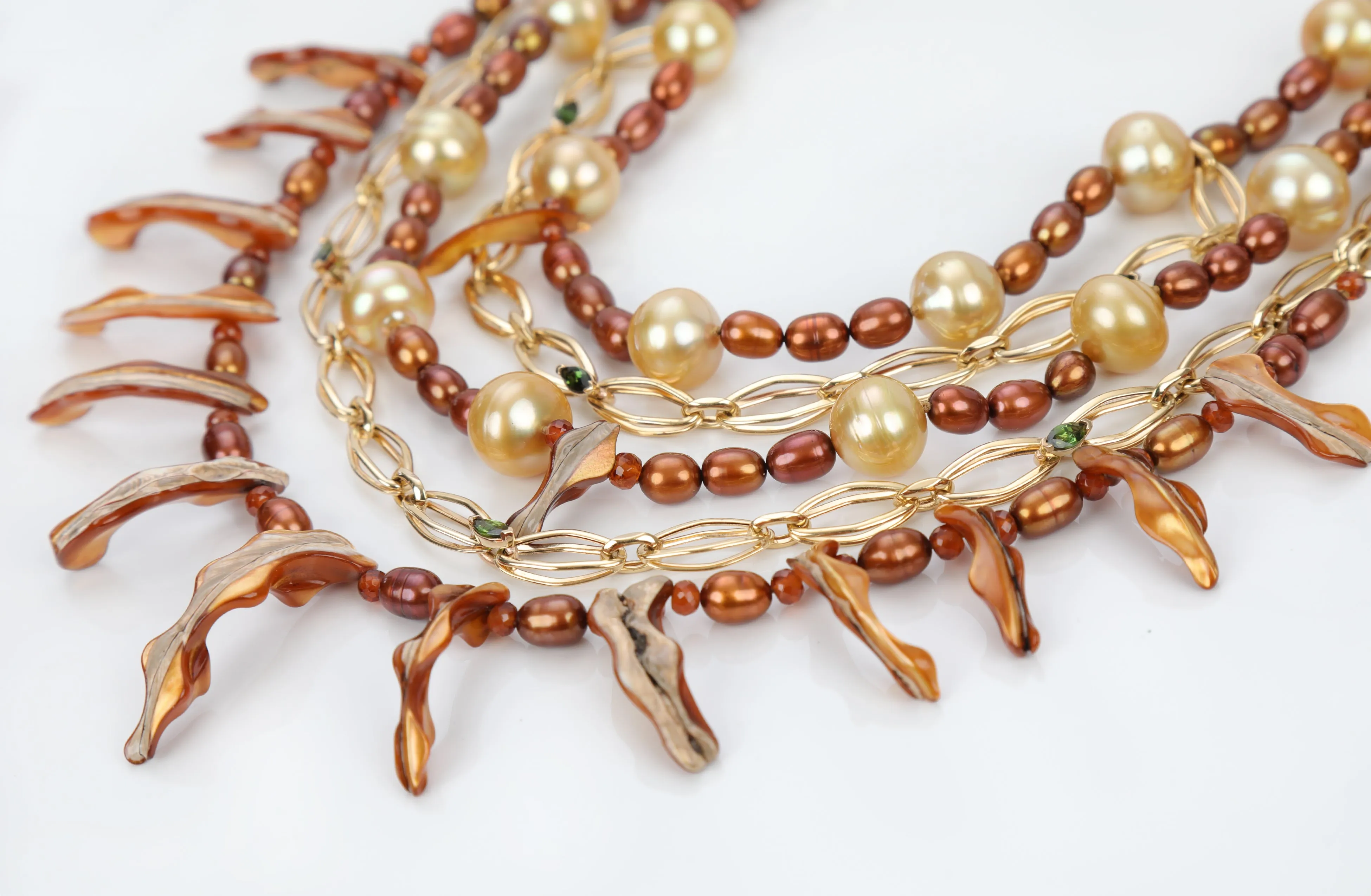 Pearl, Spessartite Garnet, Tourmaline, and Gold Bib Necklace