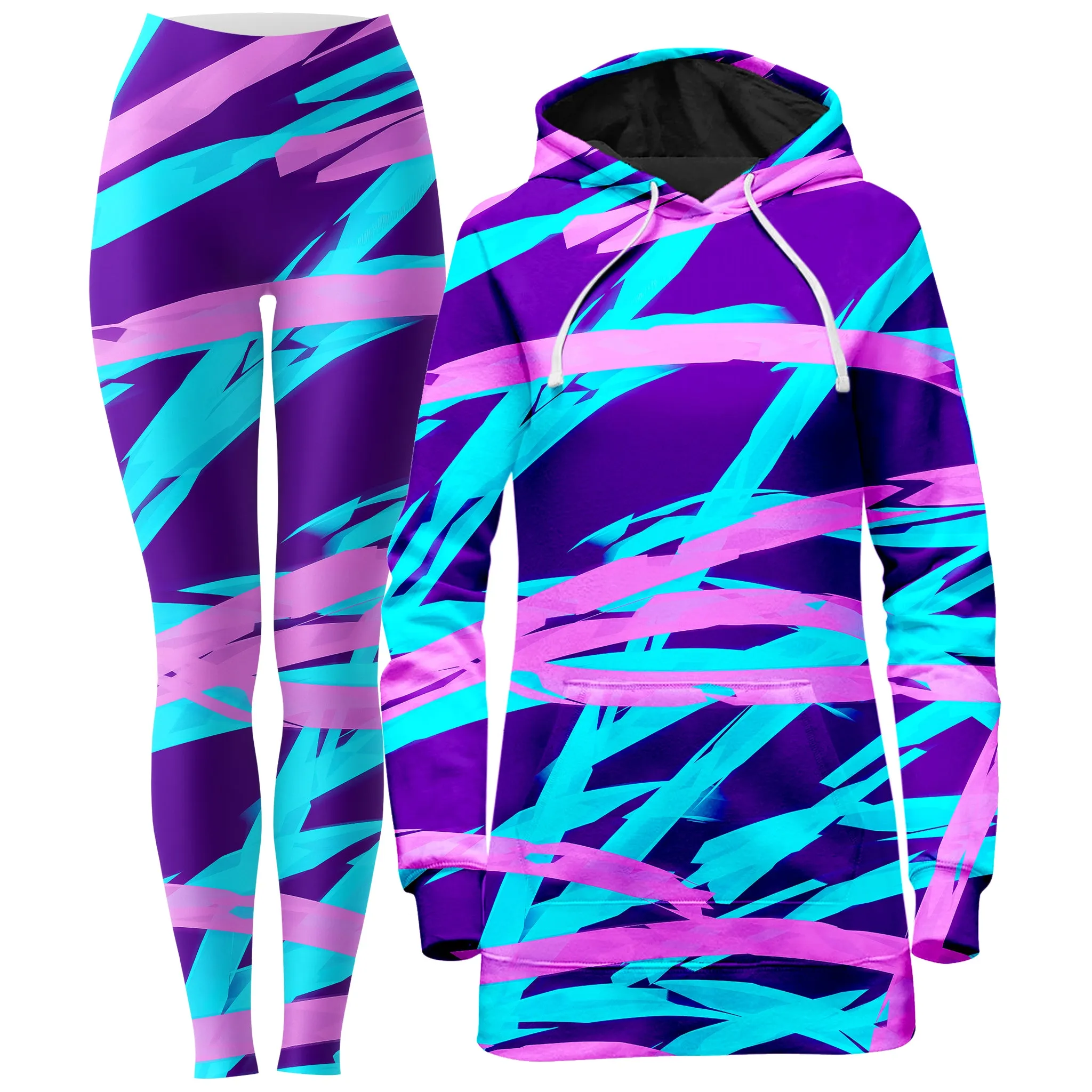 Purple and Blue Rave Abstract Hoodie Dress and Leggings Combo