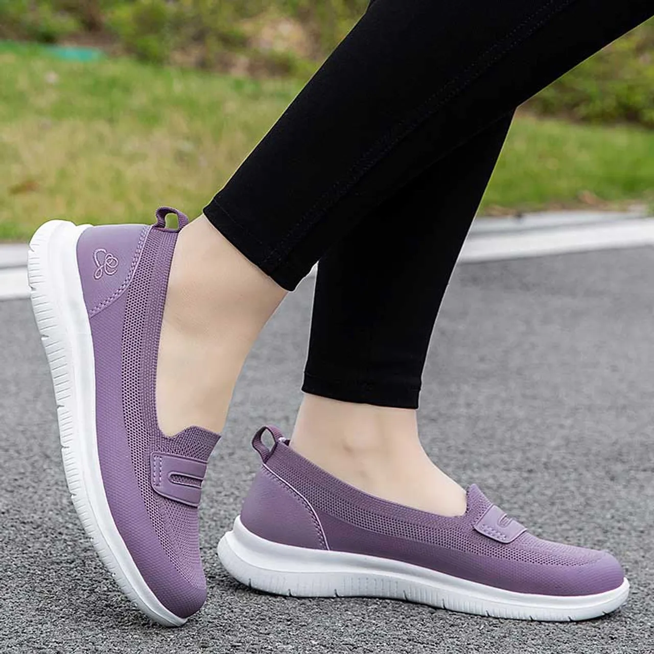 Purple flyknit pattern penny slip on shoe sneaker