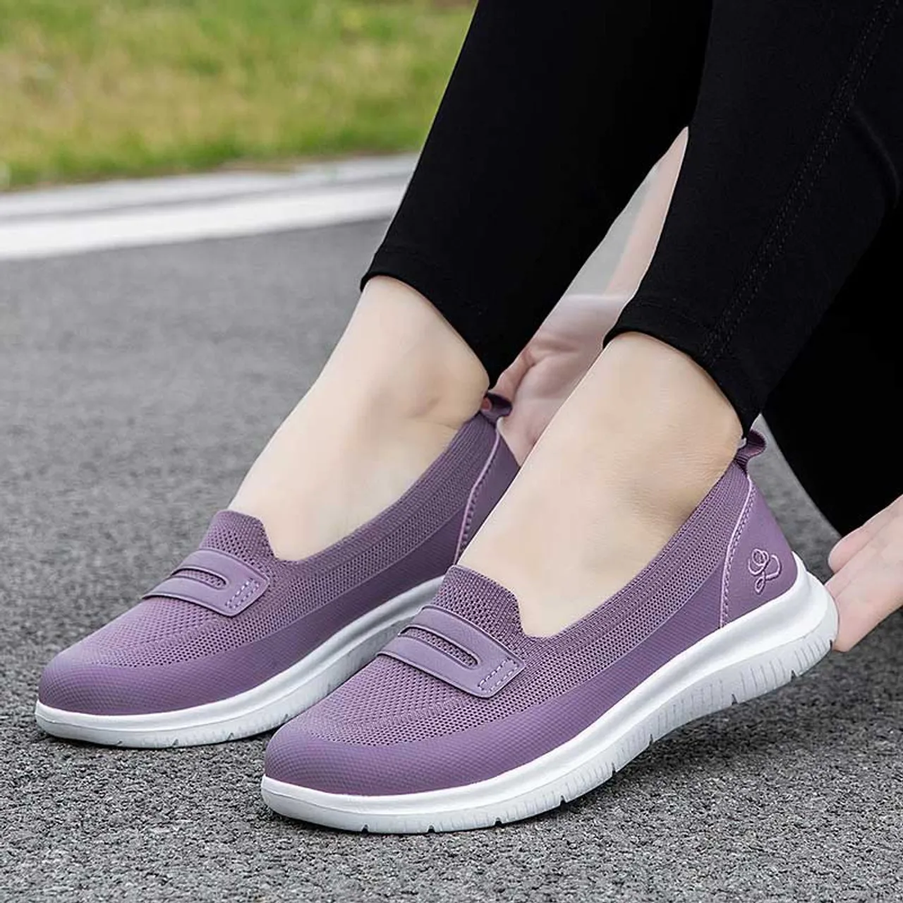 Purple flyknit pattern penny slip on shoe sneaker