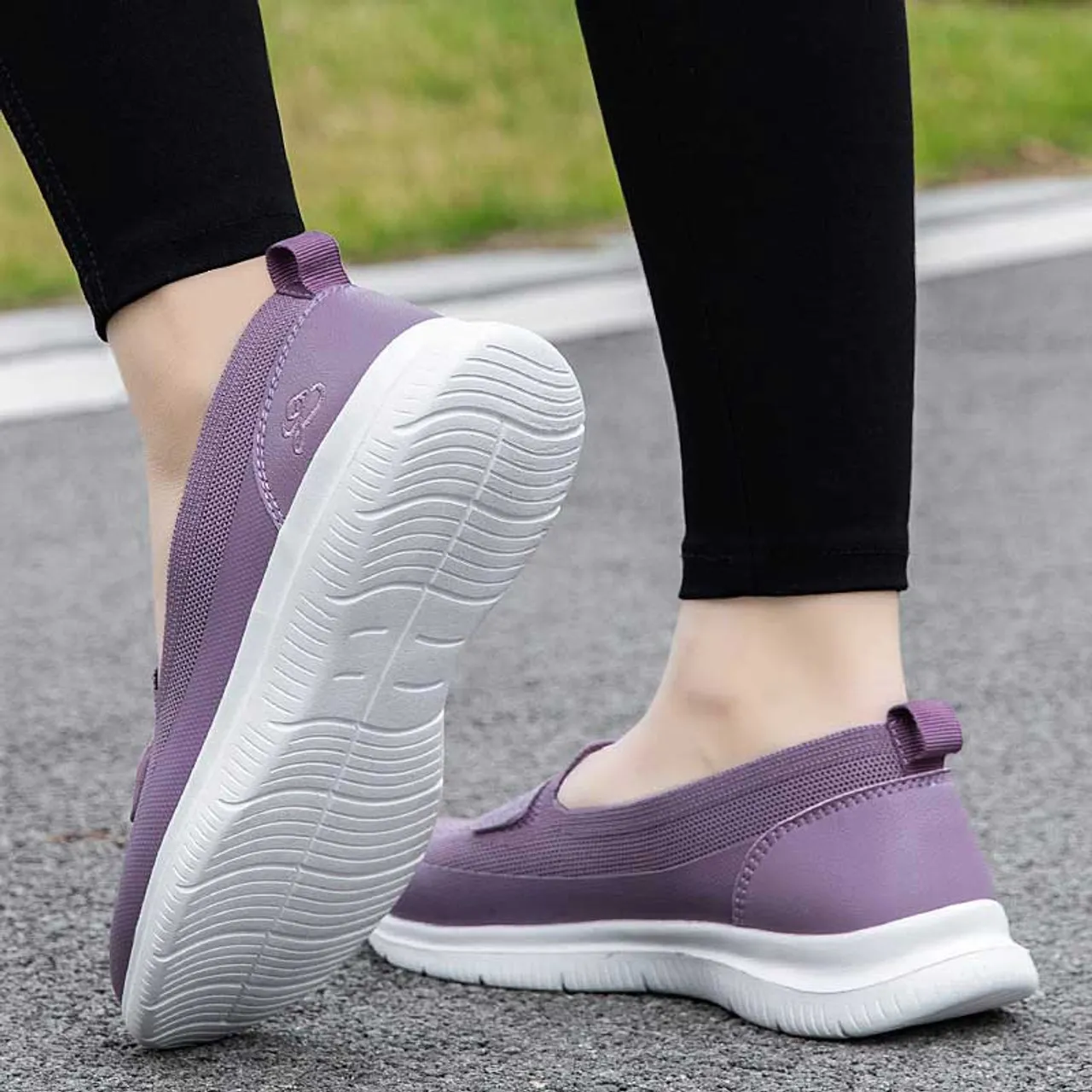 Purple flyknit pattern penny slip on shoe sneaker