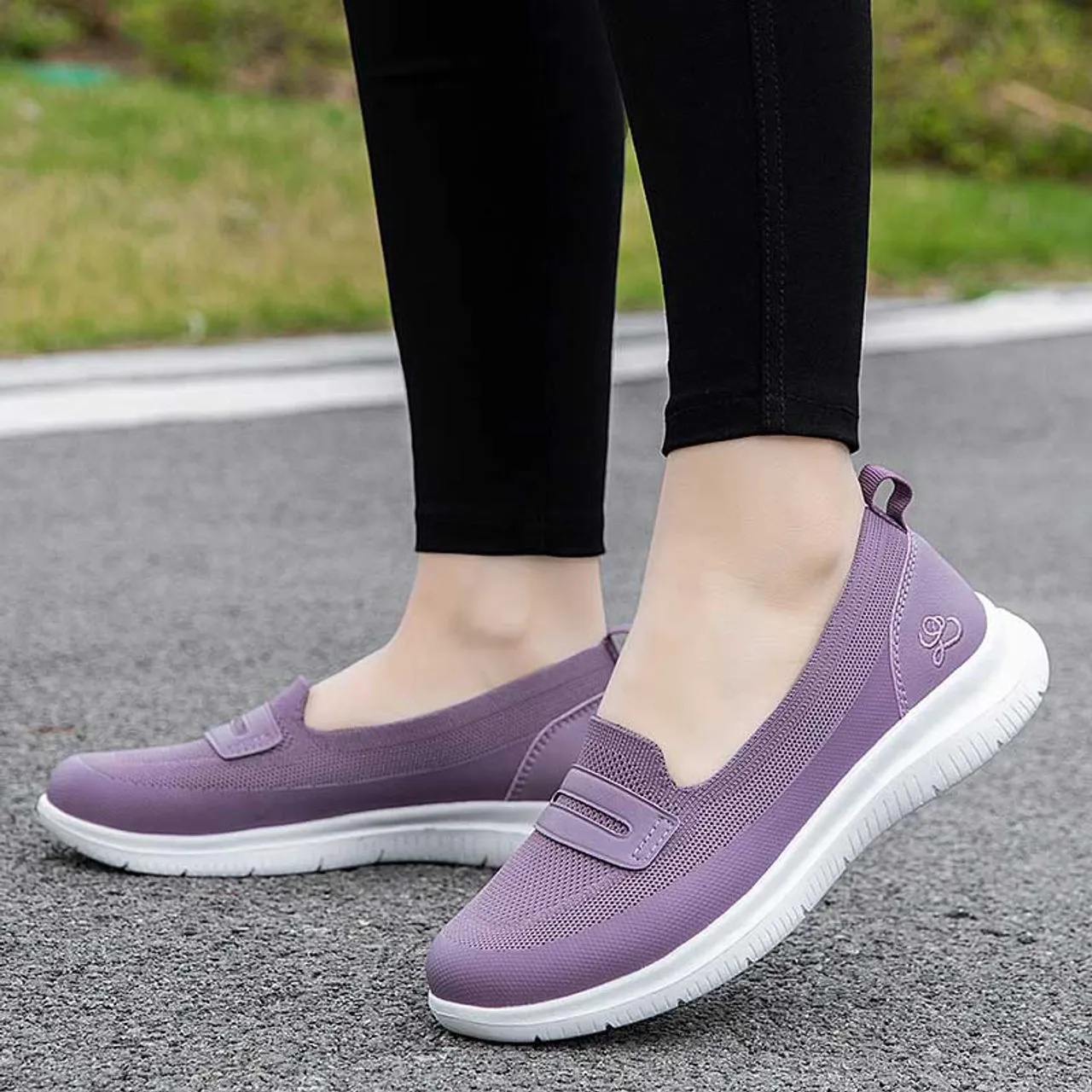 Purple flyknit pattern penny slip on shoe sneaker