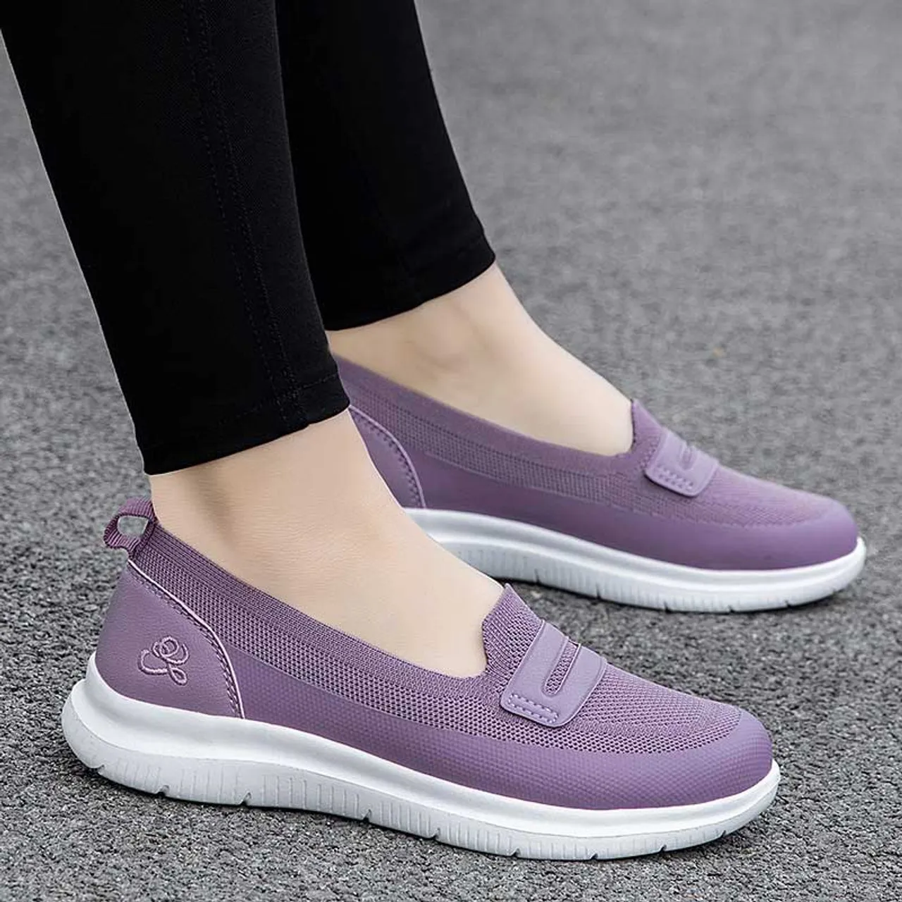 Purple flyknit pattern penny slip on shoe sneaker