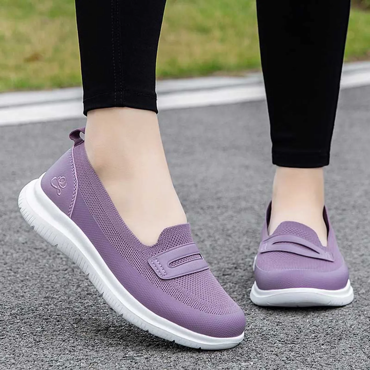 Purple flyknit pattern penny slip on shoe sneaker