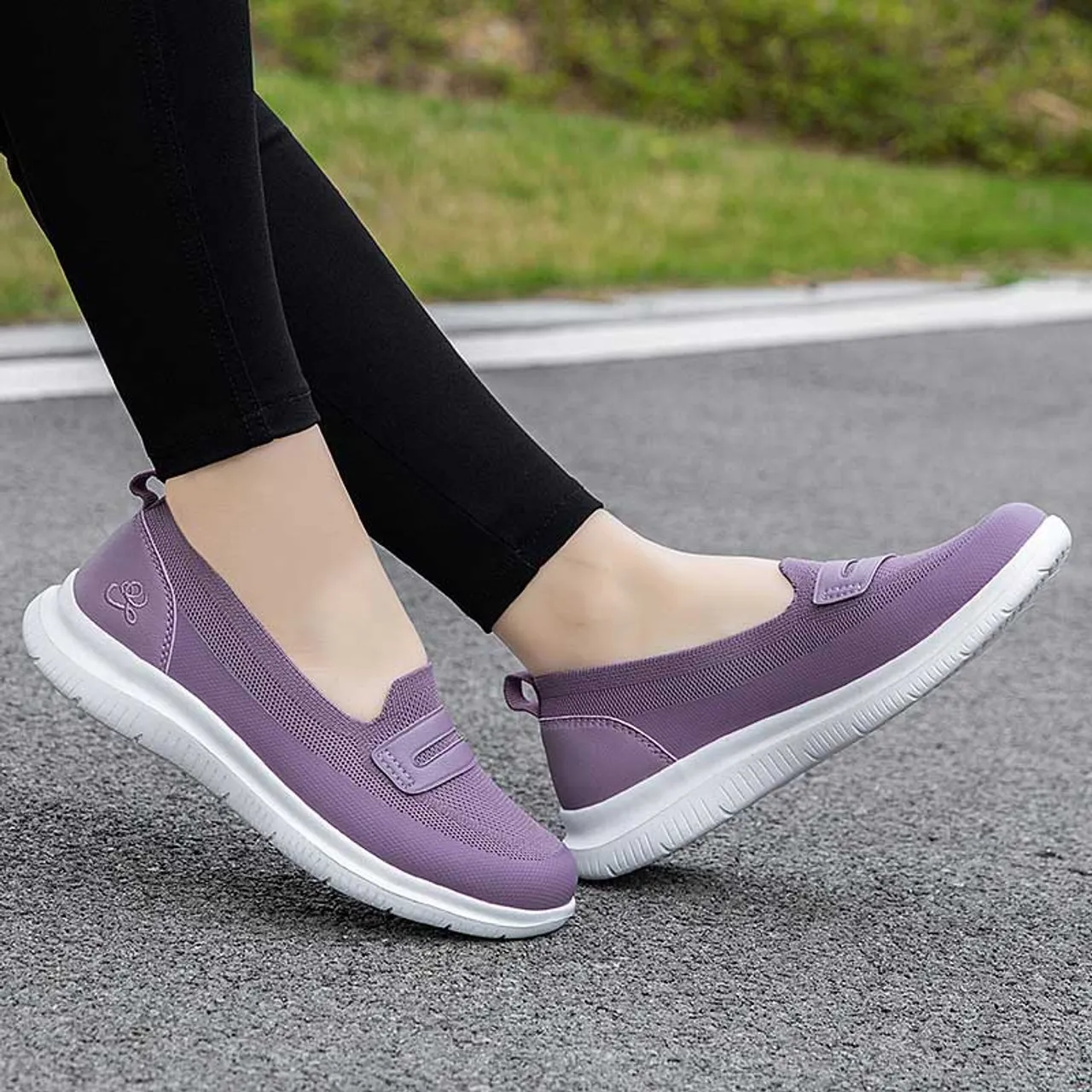 Purple flyknit pattern penny slip on shoe sneaker