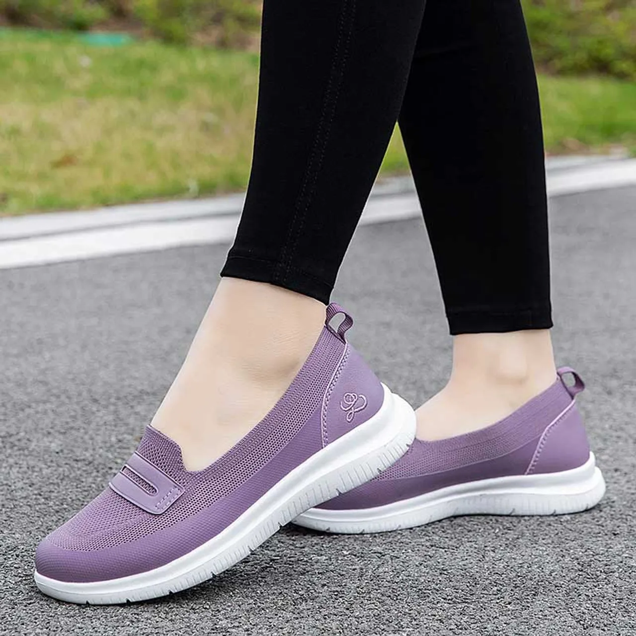 Purple flyknit pattern penny slip on shoe sneaker