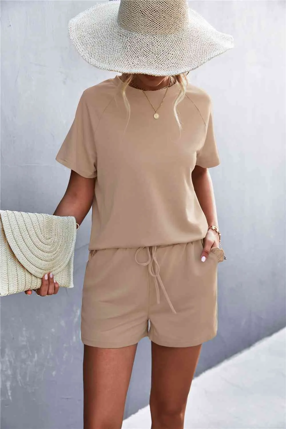 Raglan Sleeve Ruffle Hem Top and Shorts Set with Pockets