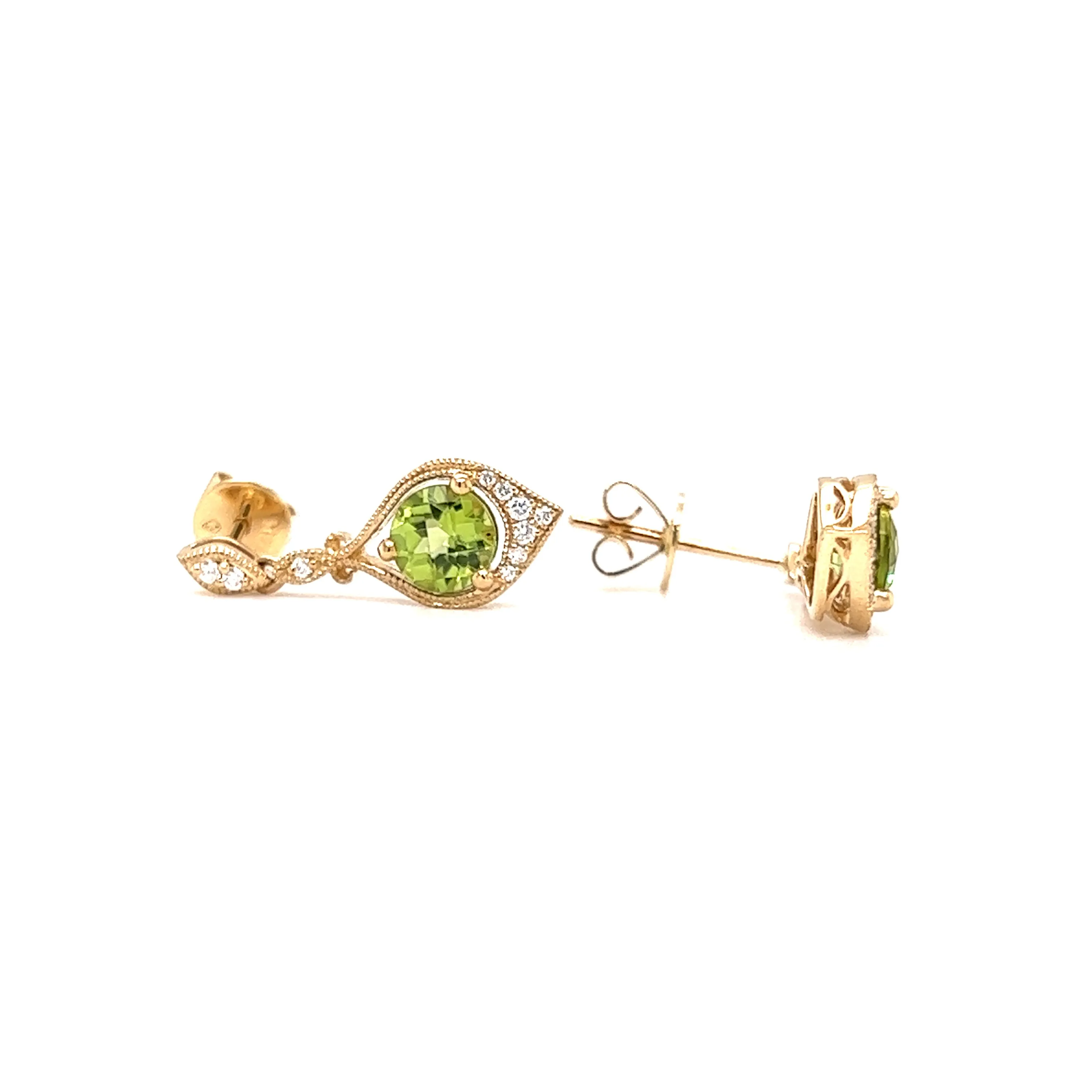 Round Peridot Drop Earrings with Twenty Diamonds in 14K Yellow Gold