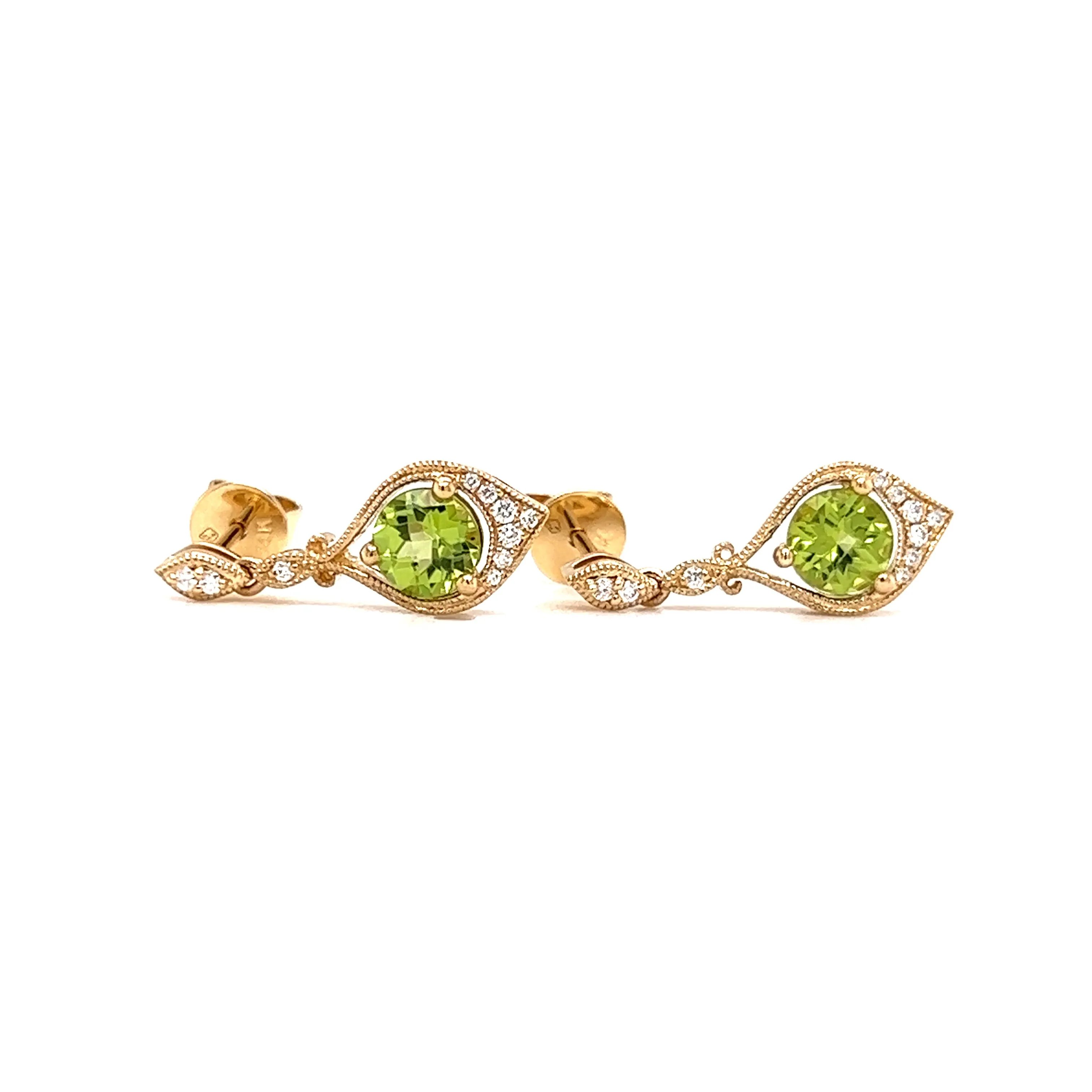 Round Peridot Drop Earrings with Twenty Diamonds in 14K Yellow Gold