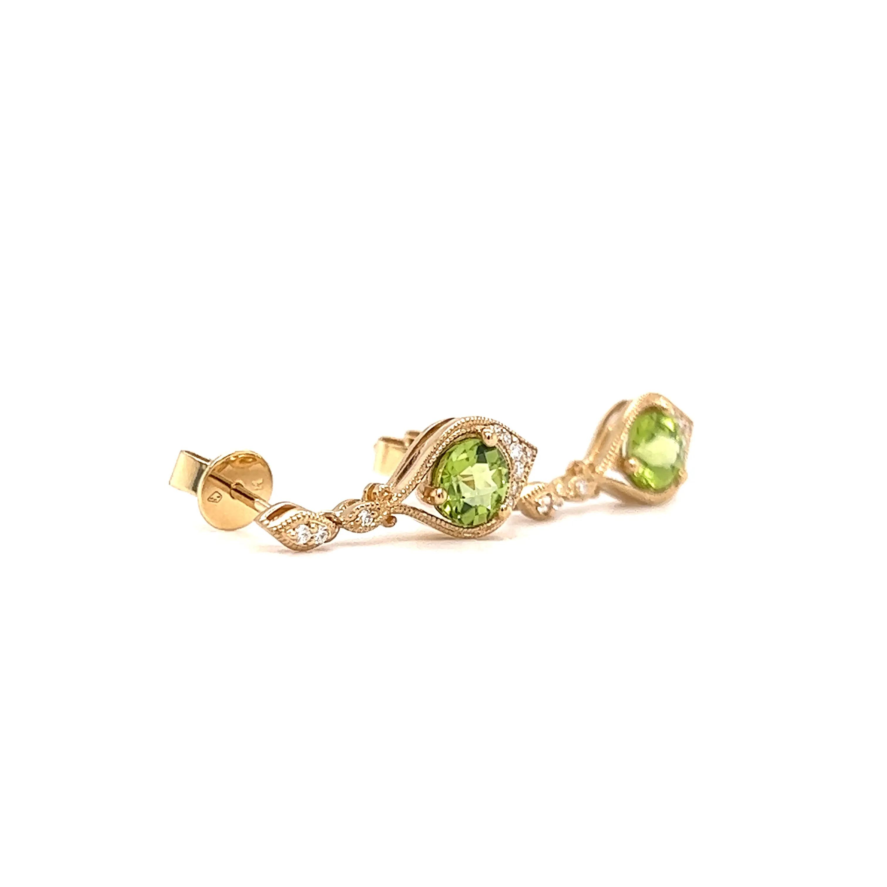 Round Peridot Drop Earrings with Twenty Diamonds in 14K Yellow Gold