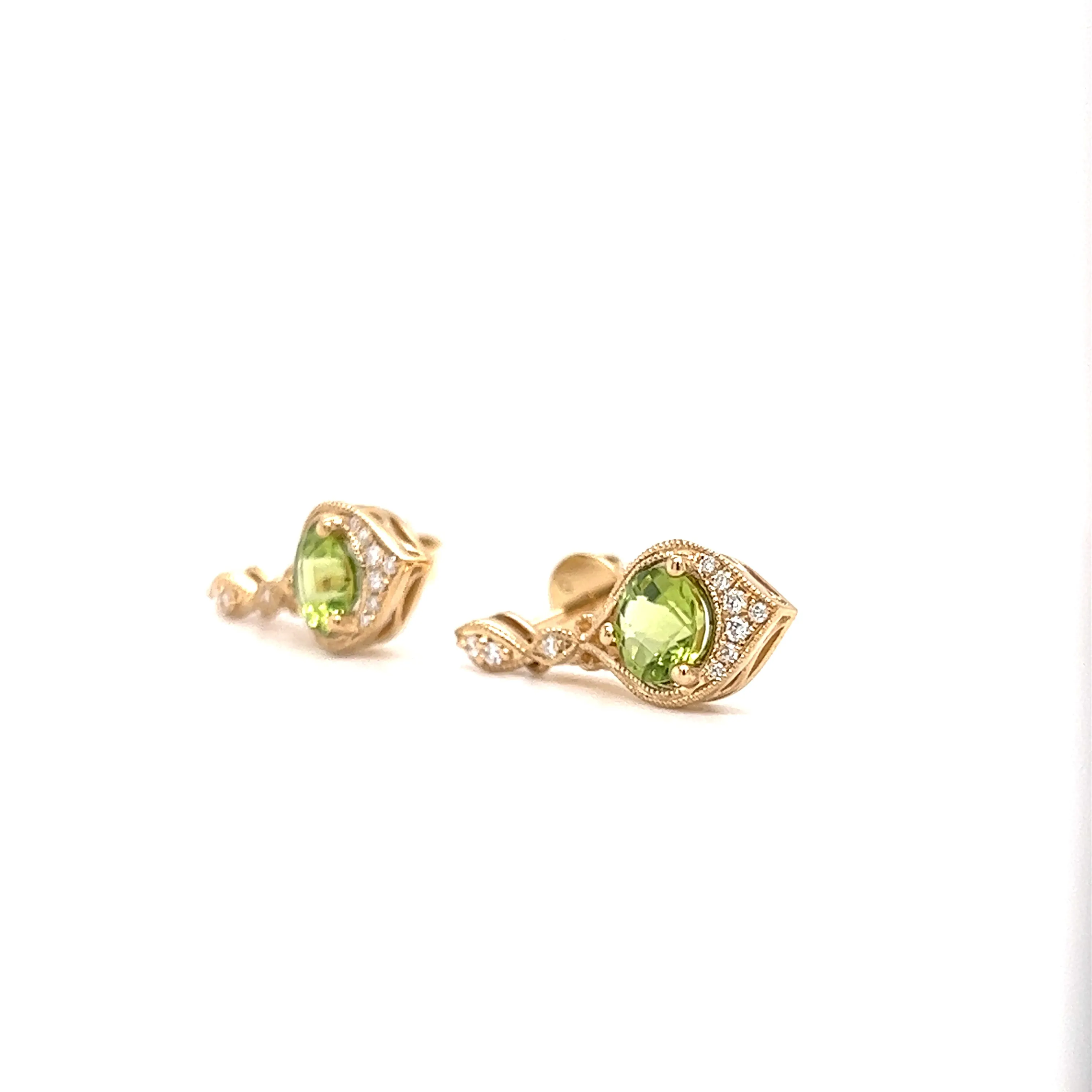 Round Peridot Drop Earrings with Twenty Diamonds in 14K Yellow Gold