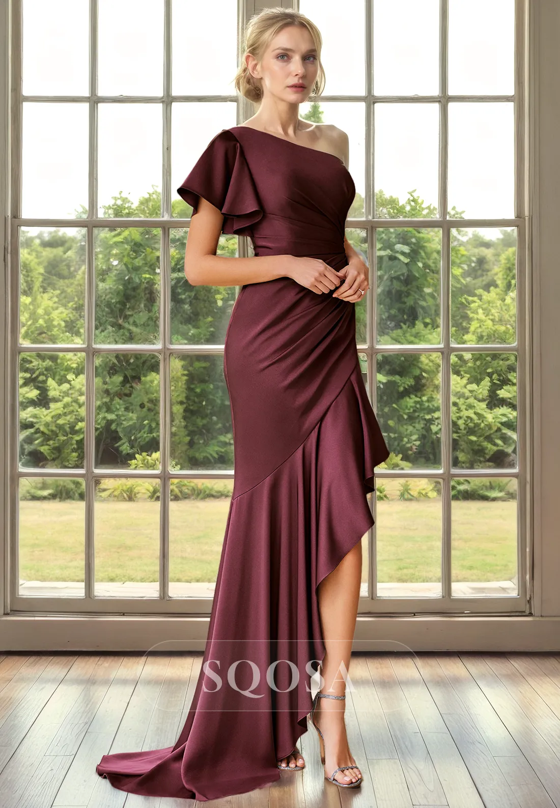 Sheath One Shoulder Pleats Elegant Mother of the Bride Long Cocktail Dress