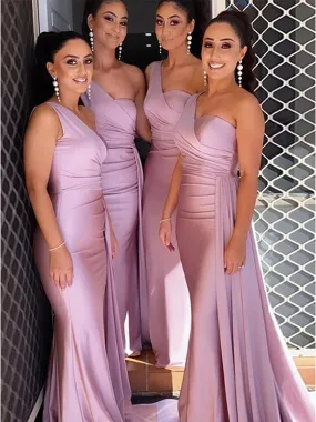 Simple One Shoulder Dusty Rose Mermaid Satin Long Bridesmaid Dresses with Trailin, BG407