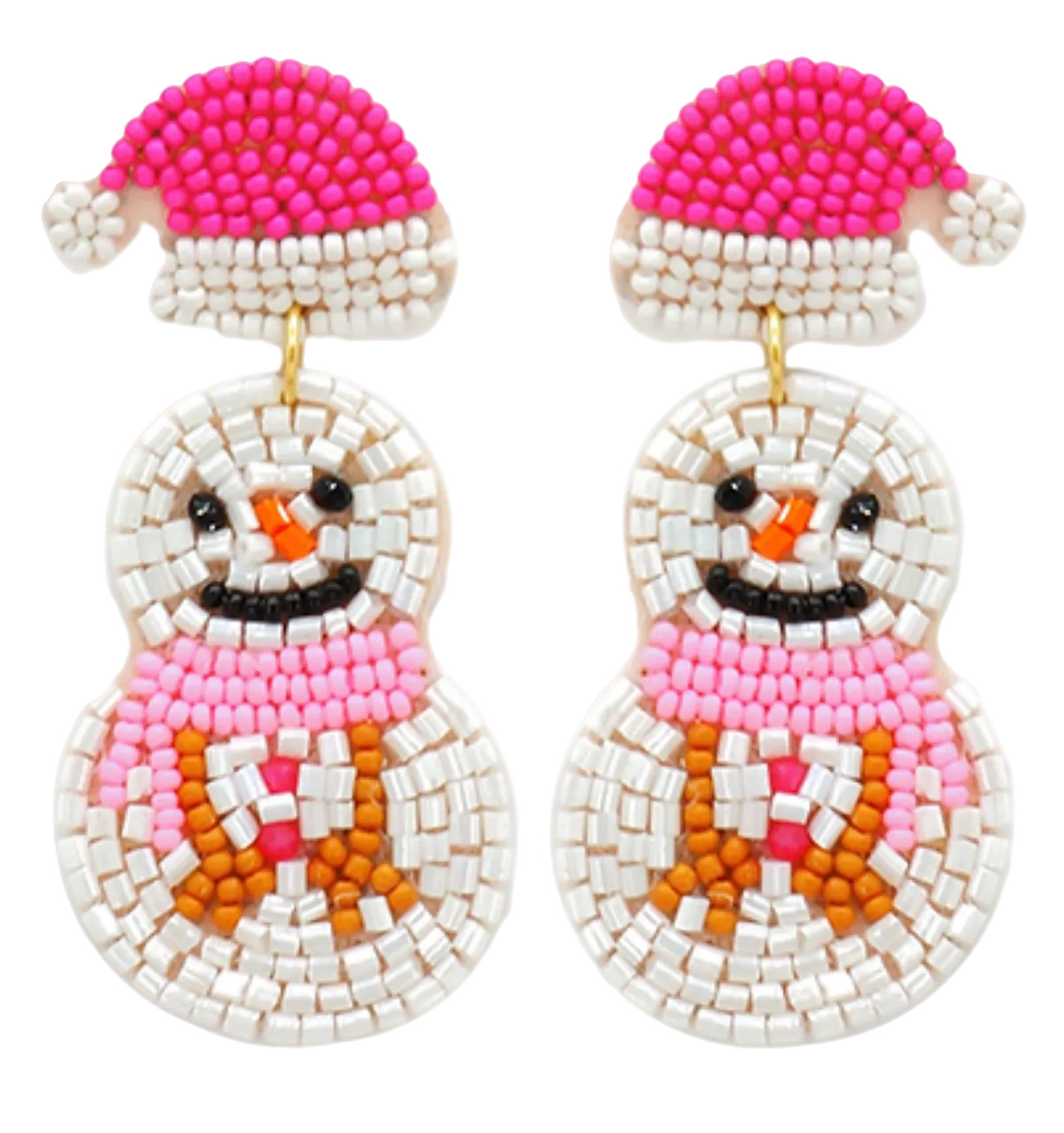 Snowman Hat Beaded Earrings, White Pink