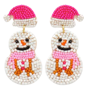 Snowman Hat Beaded Earrings, White Pink