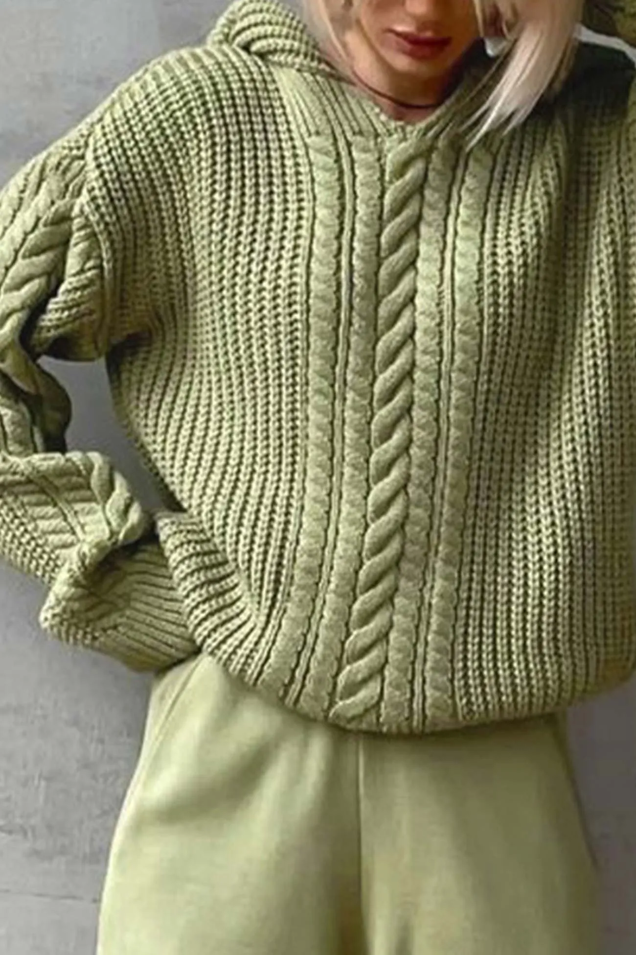 Solid Cable Knit Hoodie Sweater