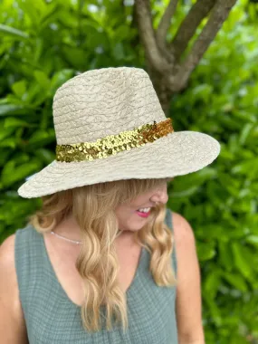 Stone Sequin Band Straw Weave Hat