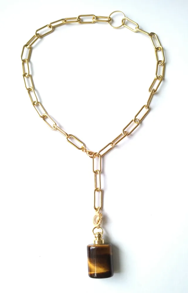 Trina Necklace with Square Tiger's Eye Essential Oil Bottle