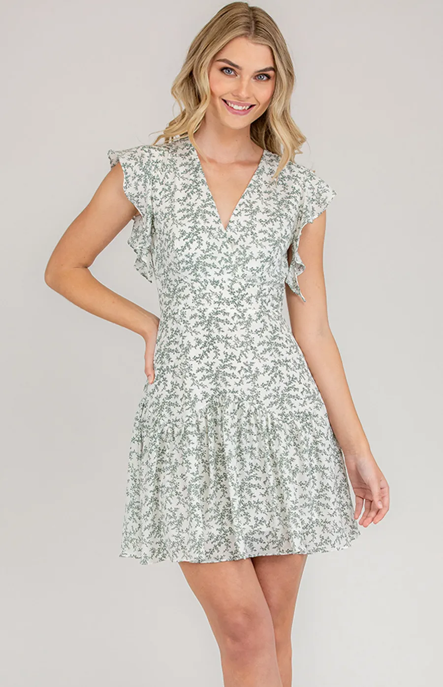 V-Neckline Printed Dress with Frill Sleeves (SDR630A)