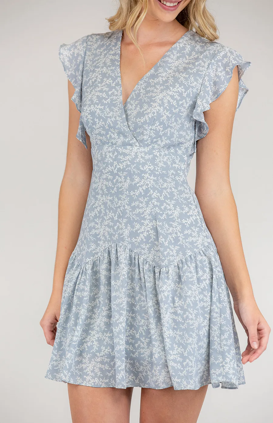 V-Neckline Printed Dress with Frill Sleeves (SDR630A)