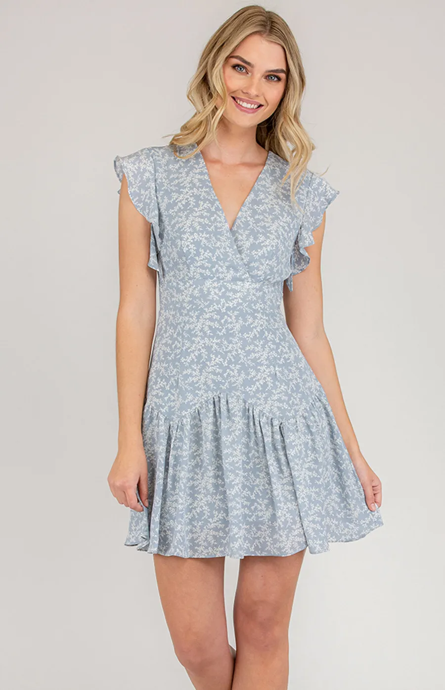 V-Neckline Printed Dress with Frill Sleeves (SDR630A)