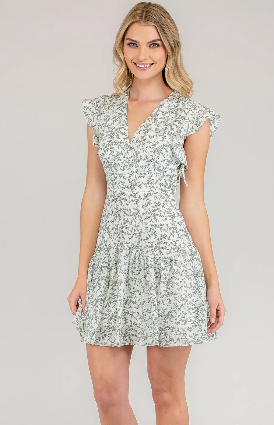 V-Neckline Printed Dress with Frill Sleeves (SDR630A)