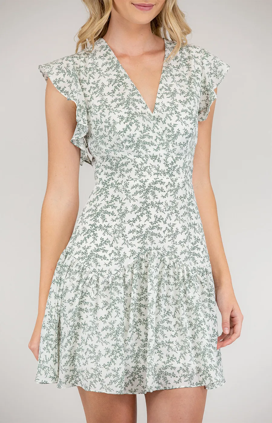 V-Neckline Printed Dress with Frill Sleeves (SDR630A)