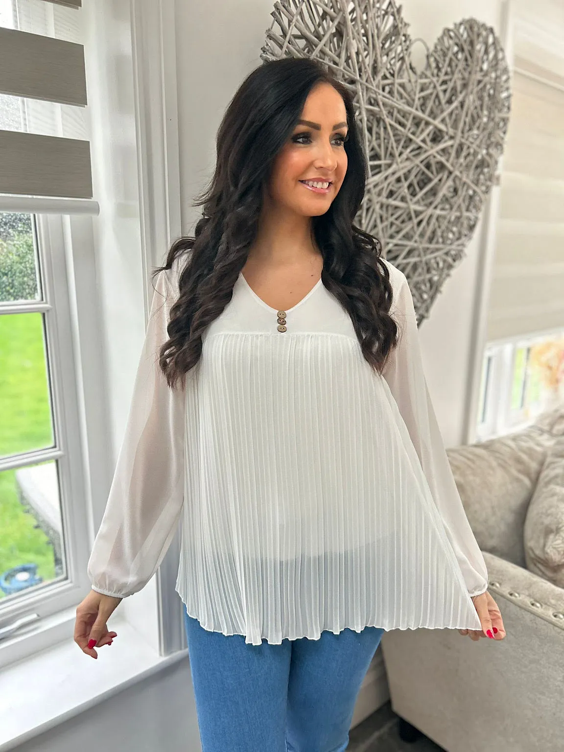 White Button Pleated Blouse Hilary