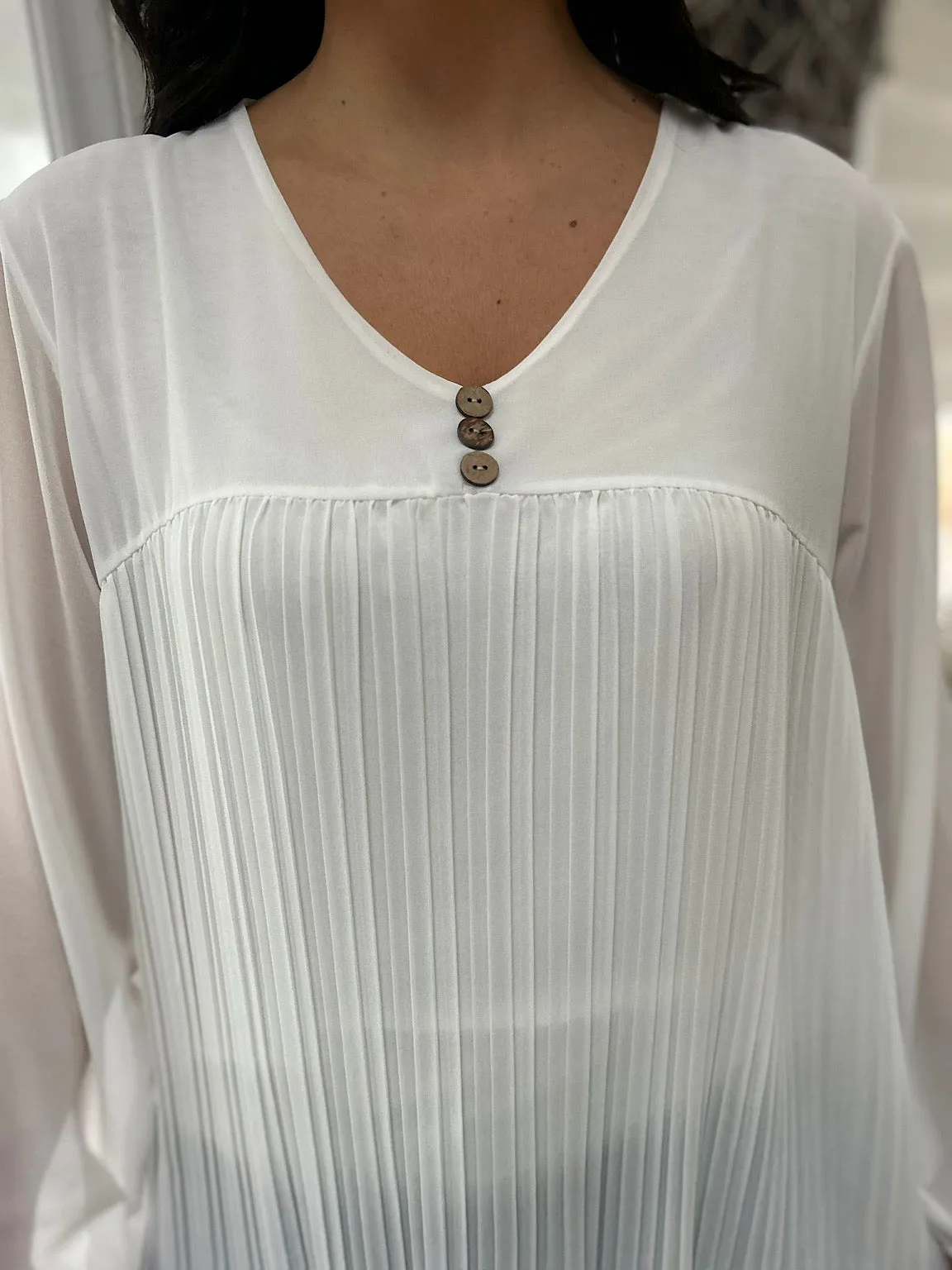 White Button Pleated Blouse Hilary