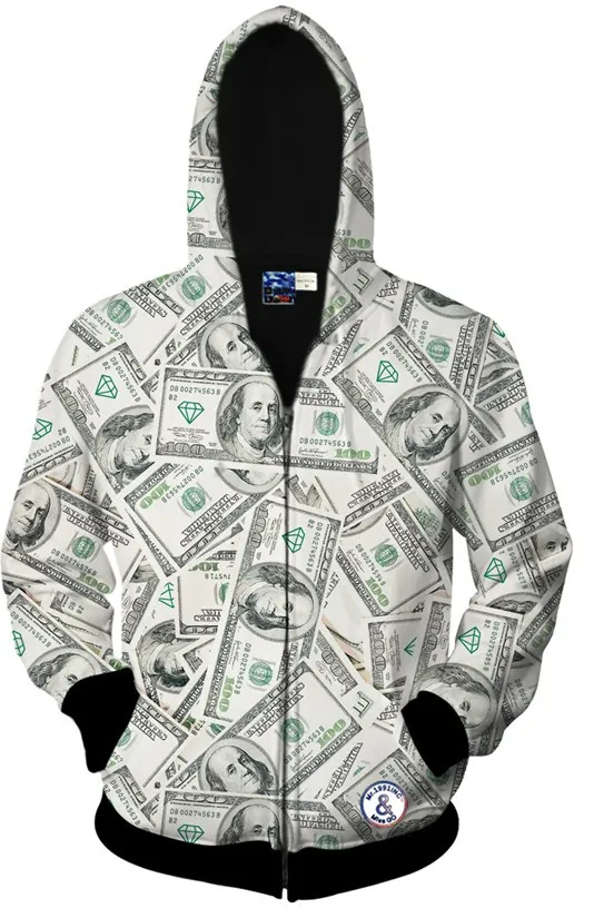 White One Hundred Dollar Buck Long Sleeves Mens Jacket Winter Hooded Hoodies