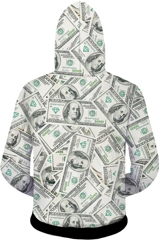 White One Hundred Dollar Buck Long Sleeves Mens Jacket Winter Hooded Hoodies