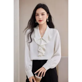 Women's Korean Elegant Office Loose Fit Chiffon Long Sleeves Blouse