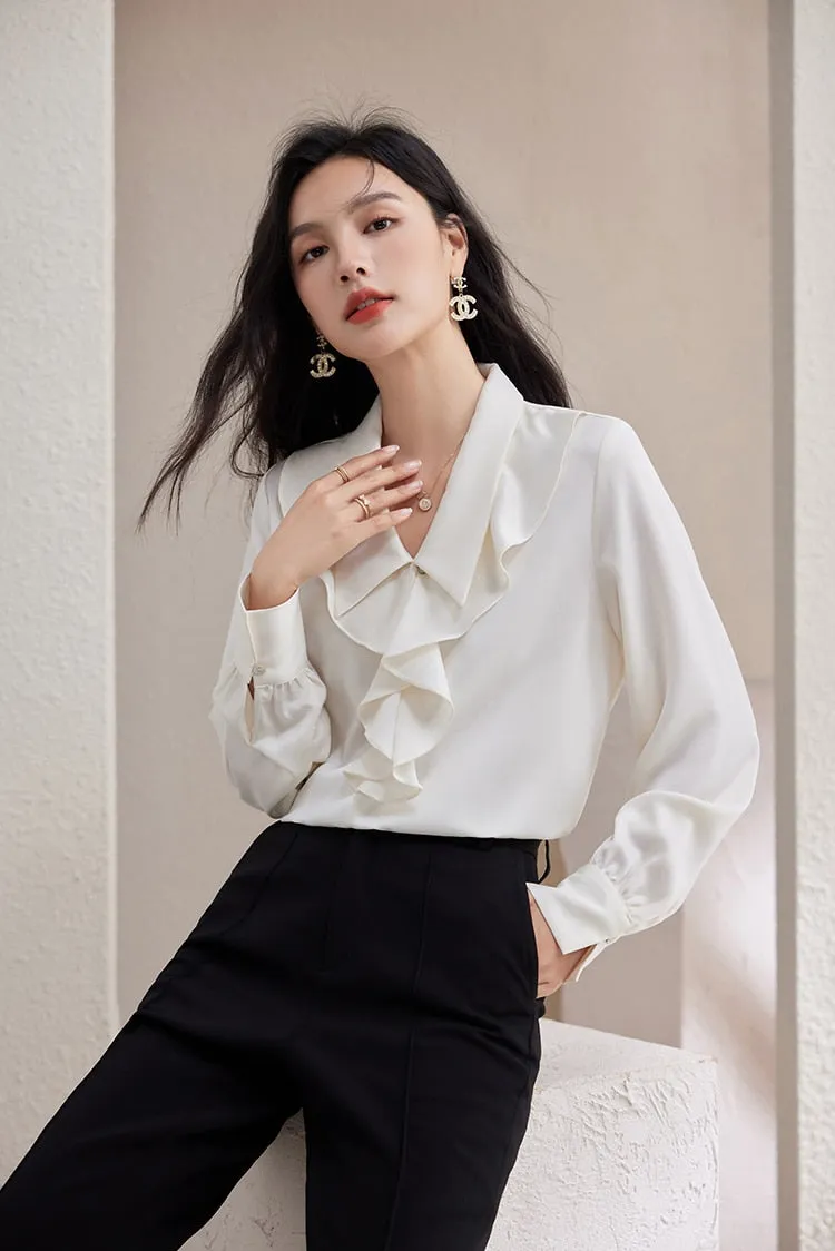 Women's Korean Elegant Office Loose Fit Chiffon Long Sleeves Blouse